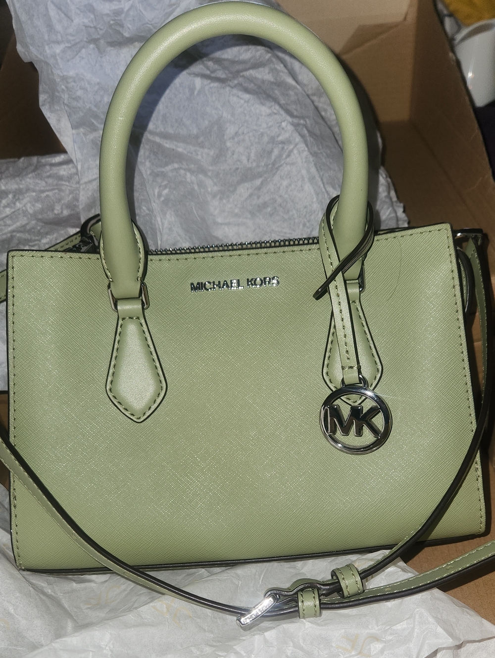 Michael Kors Light Green Leather Satchel with MK Charm